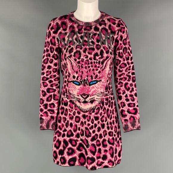 ALBERTA FERRETTI Size 4 Pink Black Virgin Wool Animal Print Long Sleeve Dress - Picture 1 of 5